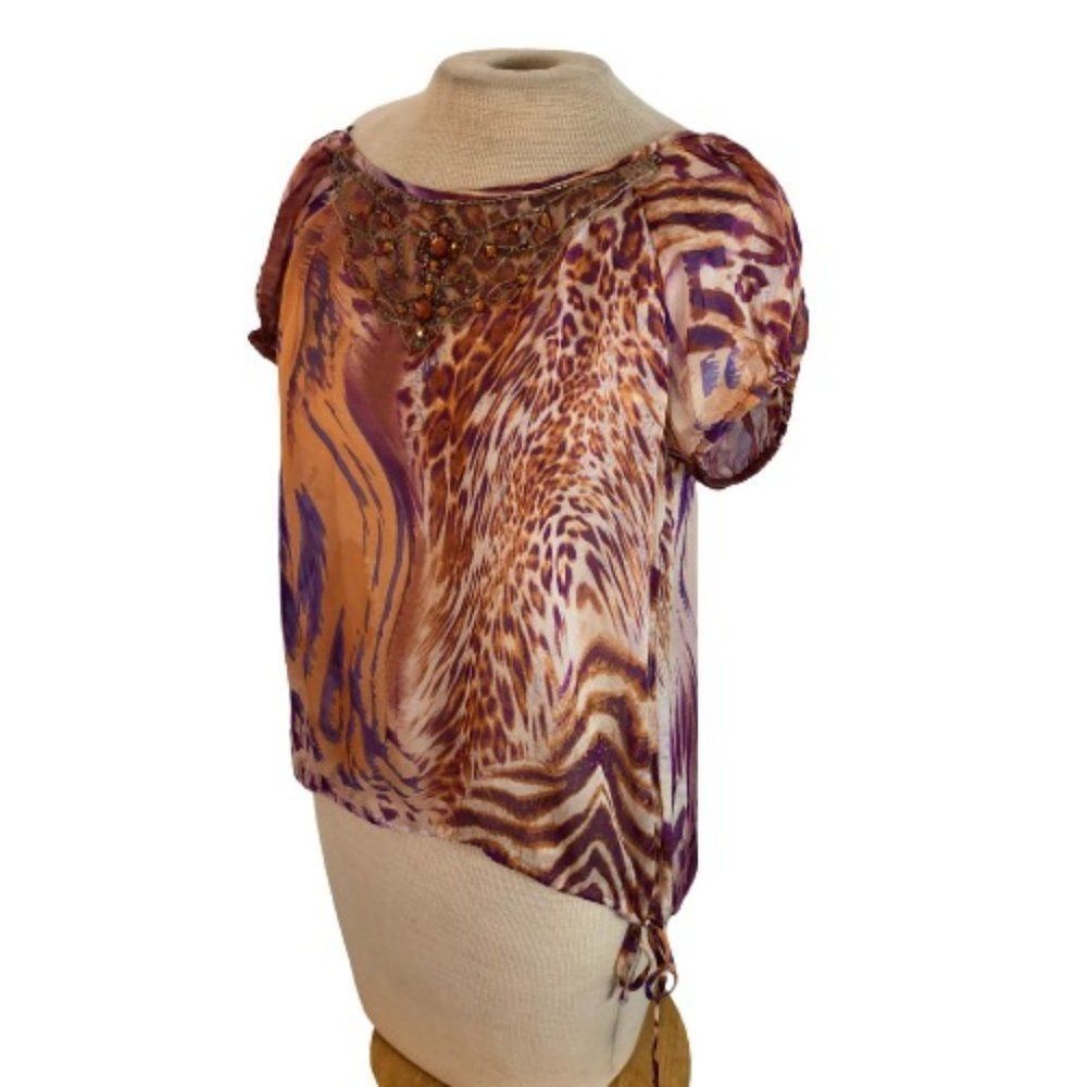 Karen Kane Sheer Drawstring Animal Print Top Shirt